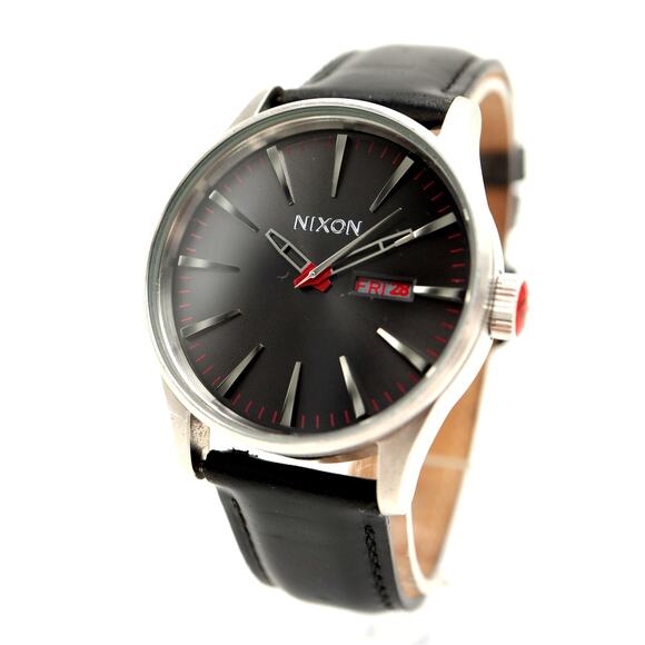 Nixon The Sentry Mens Day Date 42mm Watch Red Black Leather w New Battery - Picture 1 of 13